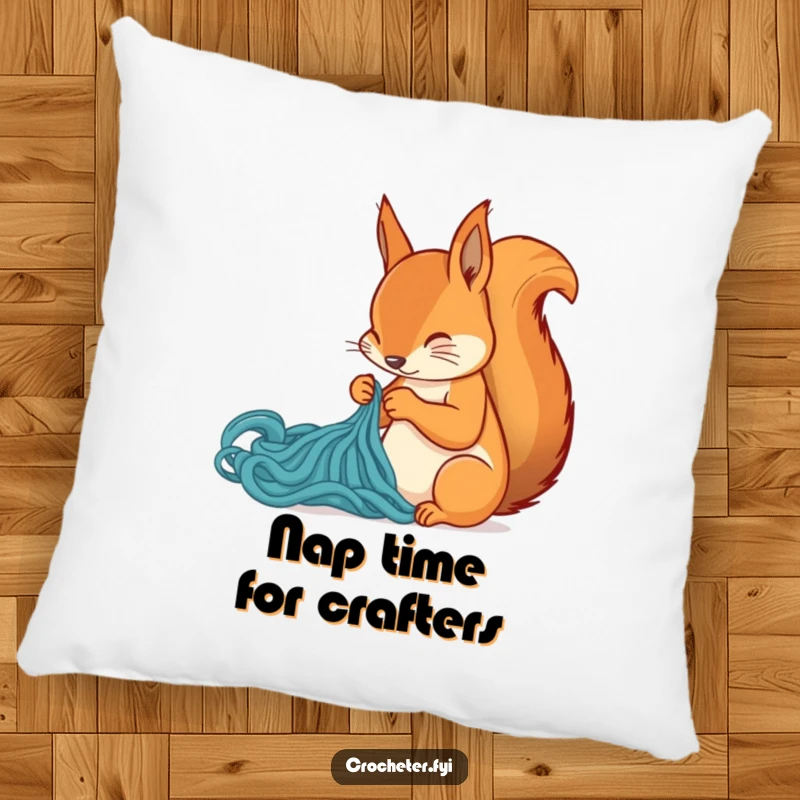 Funny squirrel diligently knitting a stitch on a decorative pillow, a humorous and cozy gift for knitting lovers.