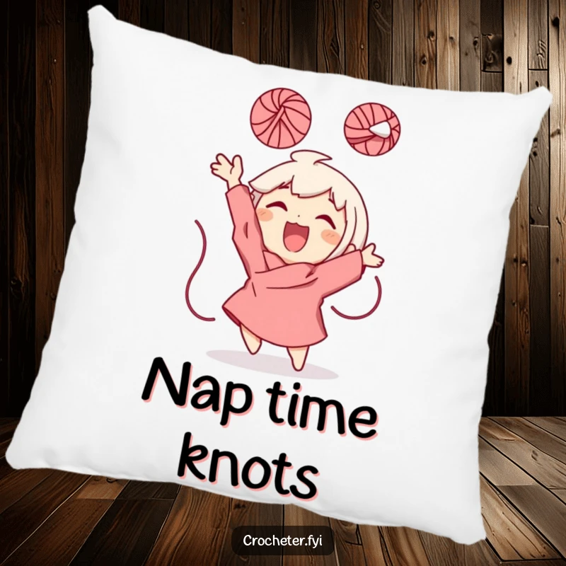 Funny Pillow with a character gleefully throwing a ball of yarn into the air, perfect for cozy, spreadable comfort and joy.