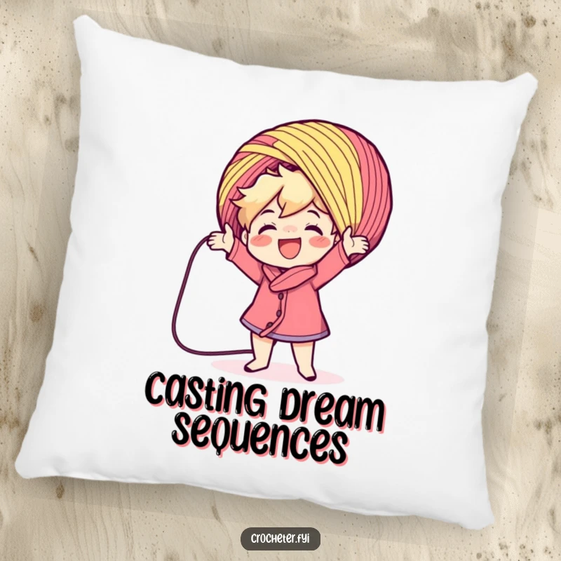Funny character casting a large colorful yarn ball, featured on a soft pillow. A charming and funny decorative accent for a funny gift.