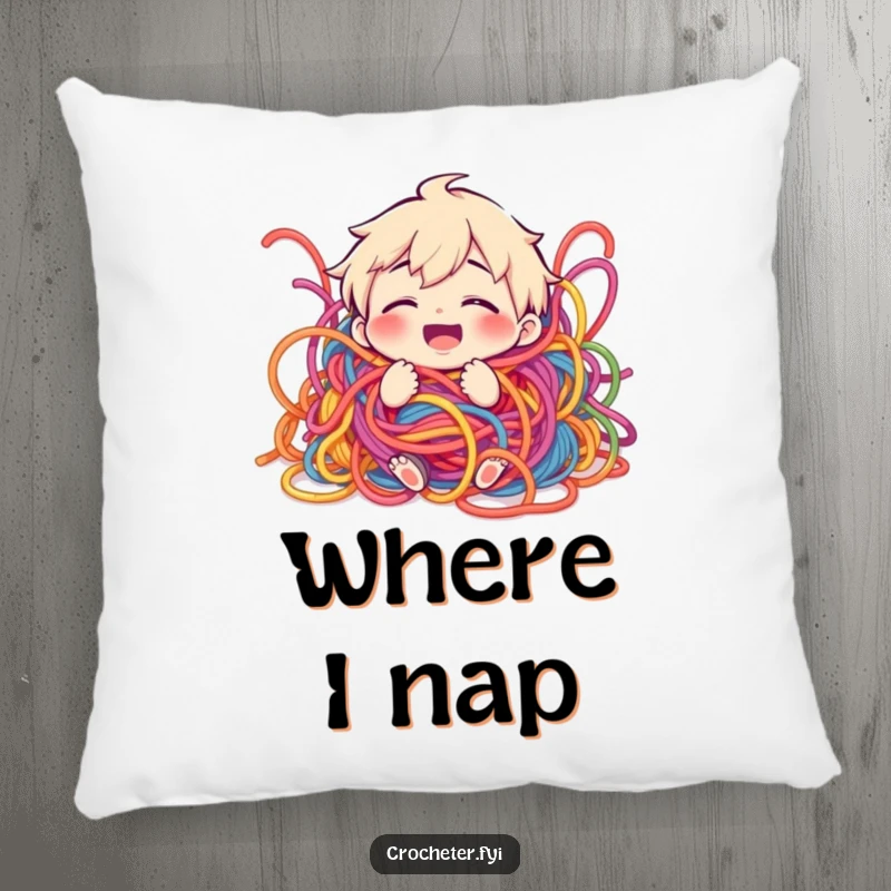 Funny pillow showcasing a giggling character humorously ensnared in a soft, colorful pile of yarn.