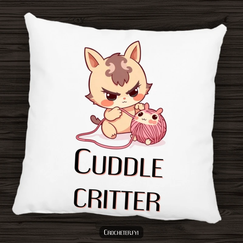 Funny pillow with a mischievous character playfully pulling a small yarn critter from a cozy project.