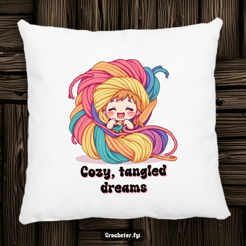 Funny Pillow: A giggling character is joyfully intertwined with a vast, colorful yarn creation, offering comfort and humor.