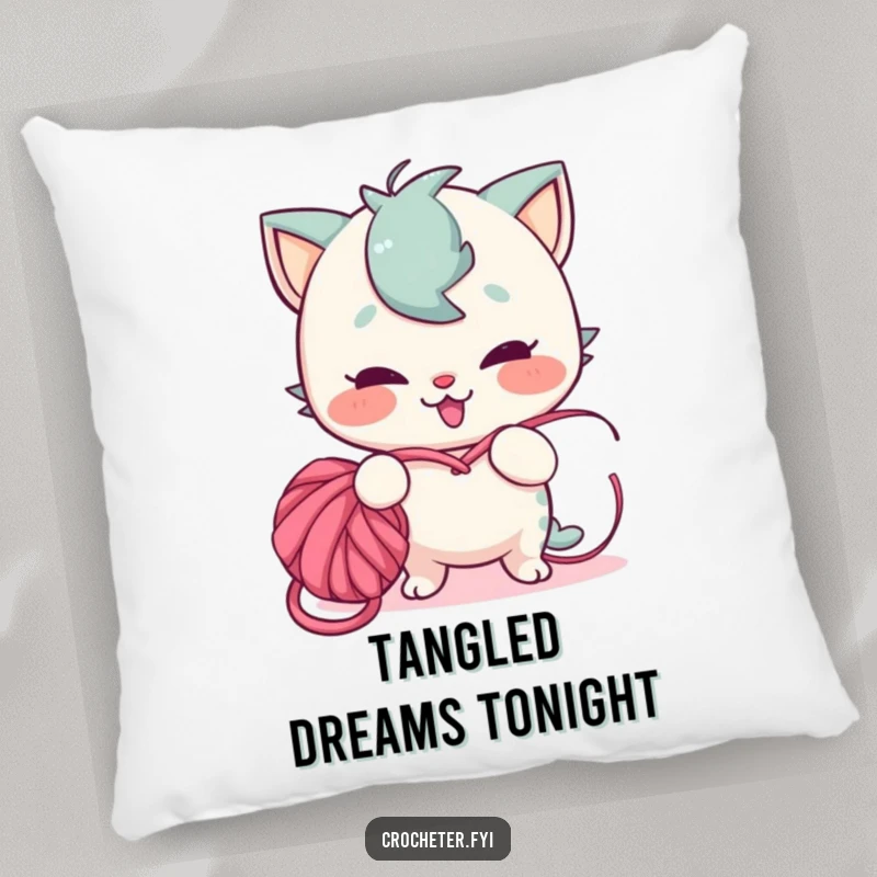 Funny pillow featuring a playful character with a mischievous grin tangling yarn into a knot, designed for cozy comfort and humor.