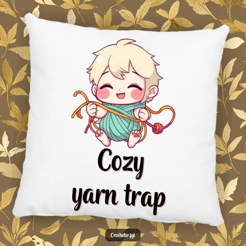 Funny Pillow with a design of a grinning character playfully entangled in colorful yarn strands, adding comfort and humor to any room.