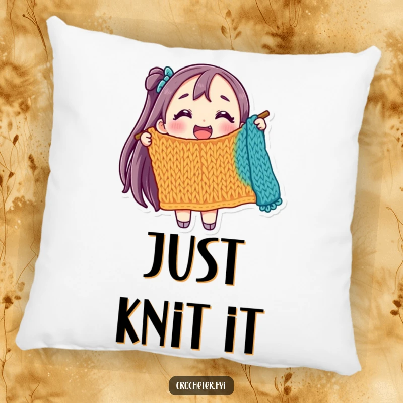 Funny pillow with a joyful character holding a colorful, unfinished knitted item, perfect for cozy, cheerful decor.