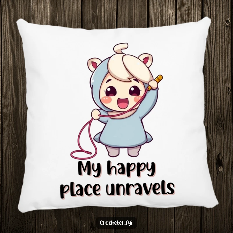 Funny Crochet Pillow: Cheerful character is depicted happily pulling a long thread from a crochet hook, adding comfort and humor.