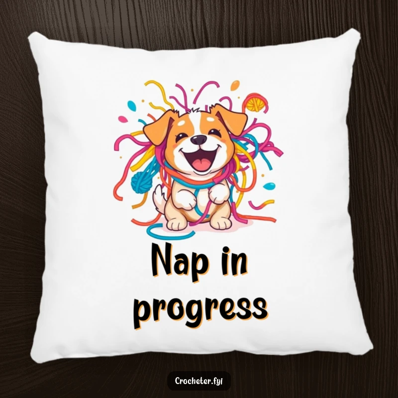 Funny excited dog comically stuck in a colorful yarn explosion, a soft and humorous decorative pillow design.