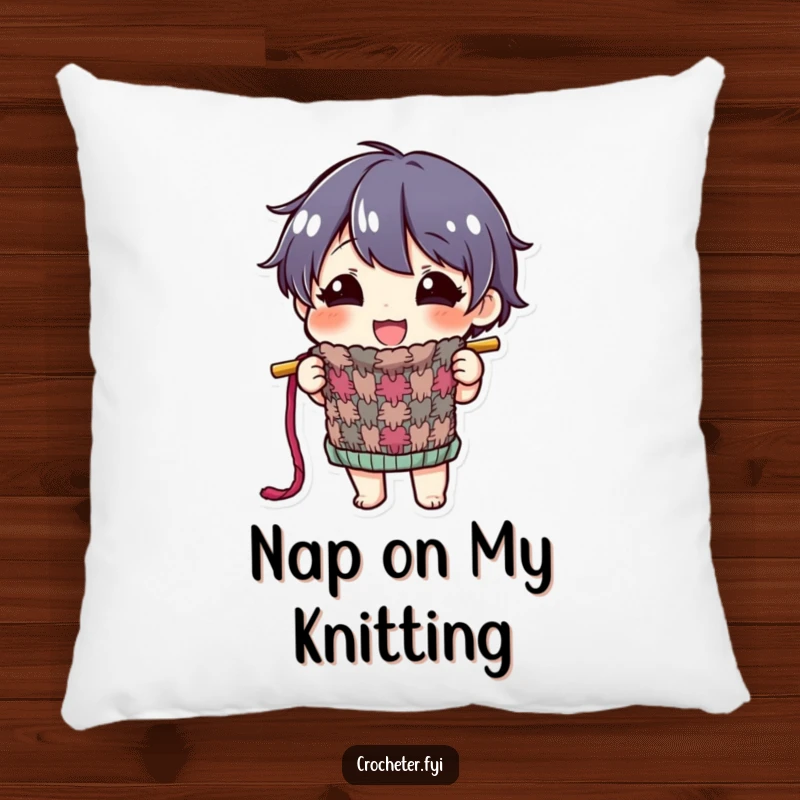 Funny pillow depicting a happy character proudly displaying a colorful, half-finished knitted item, offering comfort and pride.