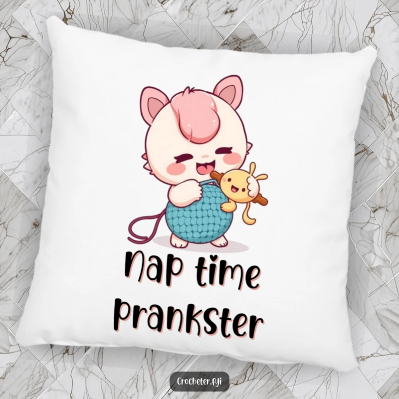 Funny Pillow: A mischievous character playfully tickles a friend with a crochet hook, offering comfort and humorous delight.