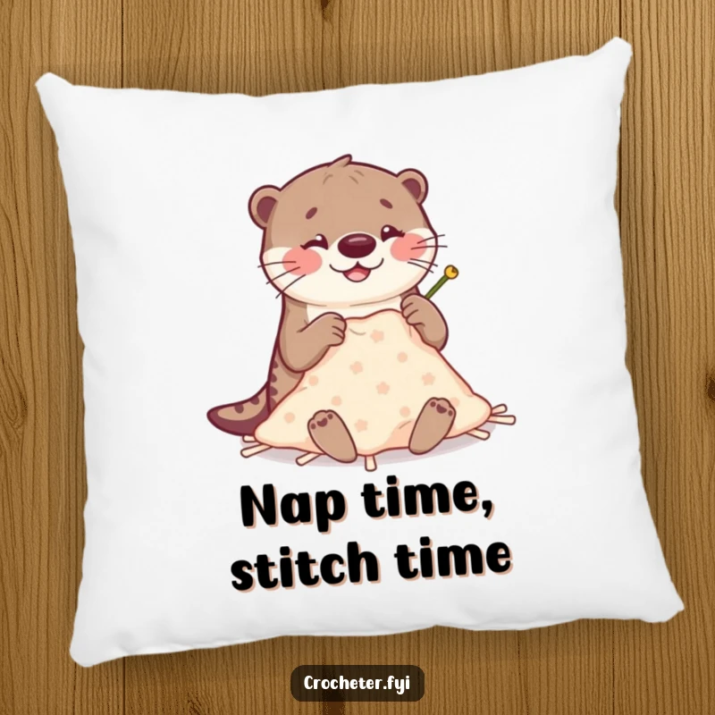 Funny Otter Stitching Pillow: A happy otter humorously stitches with large, clumsy needles, making a funny decorative gift.