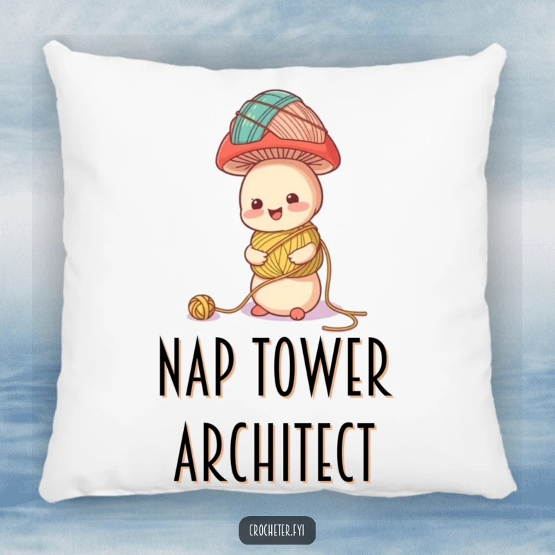 Funny throw pillow with a cheerful mushroom character precariously balancing a large tower of yarn balls, a humorous and whimsical design.