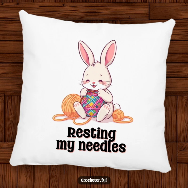 Funny bunny happily stitching a colorful pattern with big yarn, providing cozy comfort and celebrating the love of handmade crafts.