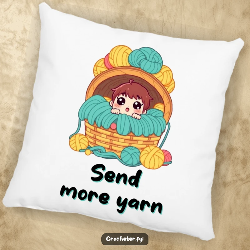 Funny pillow, surprised character stunned by a giant, overflowing yarn basket, soft and humorous decor.