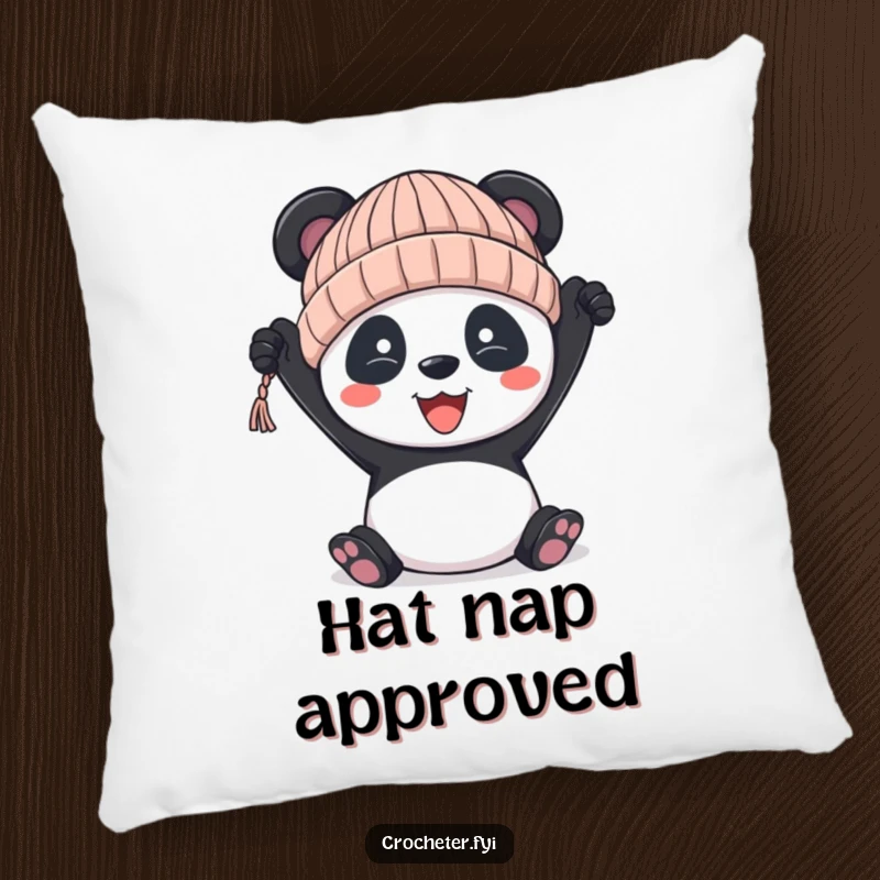 Funny panda pillow, depicting a happy panda holding a slightly lopsided knitted hat, perfect for comfort.