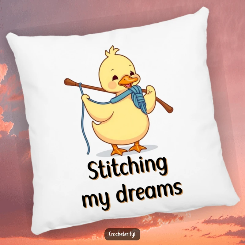 Funny pillow featuring a cheerful duck engrossed in crocheting with yarn and a hook, adding comfort and humor.