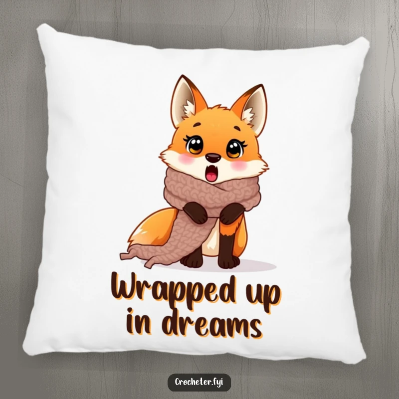 Funny surprised fox scarf pillow entangled in a crocheted scarf, a soft and humorous accent.