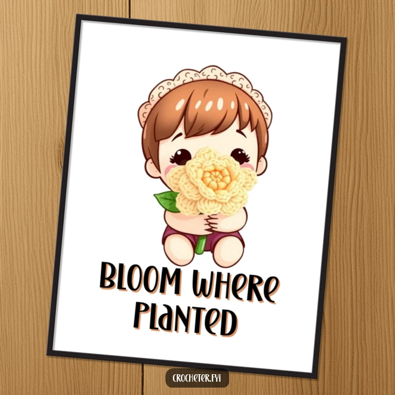 Funny digital art of a content character proudly holding a beautifully crocheted flower, showcasing crafting pride.