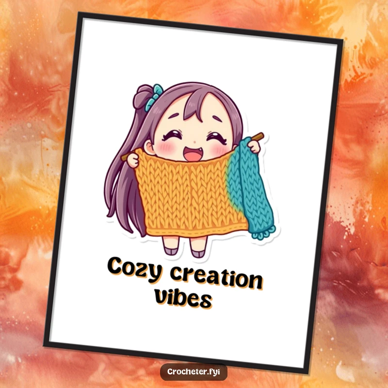 Funny digital art print of a joyful character holding a colorful, partially knitted item, radiating happiness and creativity.