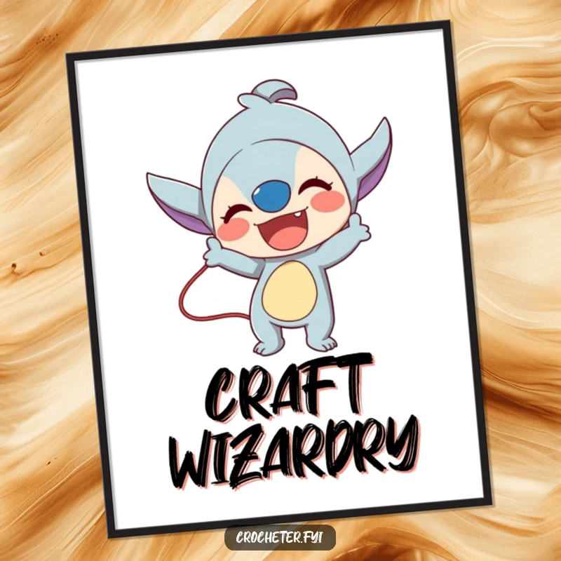 Funny digital art of an energetic character excitedly demonstrating a complex knitting or crochet stitch technique.