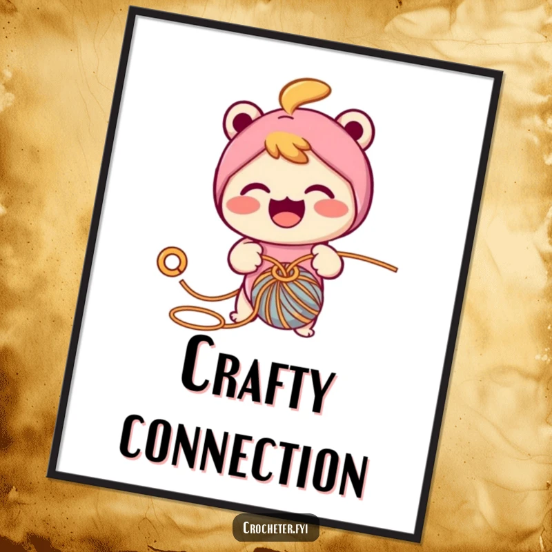 Funny digital art print of a cheerful character enthusiastically crocheting with a hook and yarn, ideal for vibrant decor.