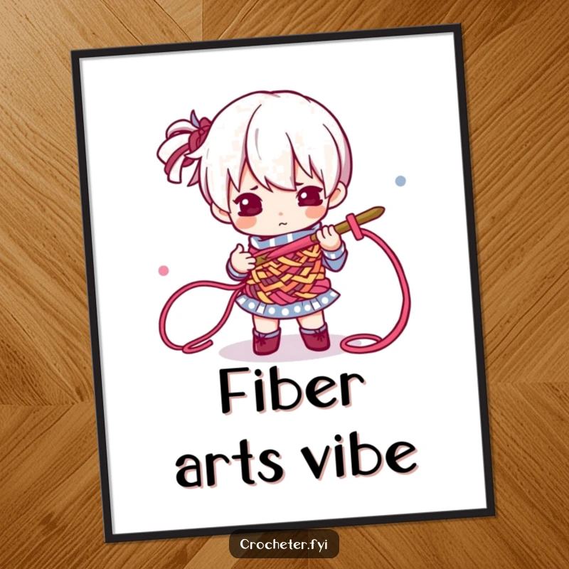 Funny Digital Art Print of a determined character intensely crocheting vibrant yarn threads, a humorous and inspiring piece for any wall.