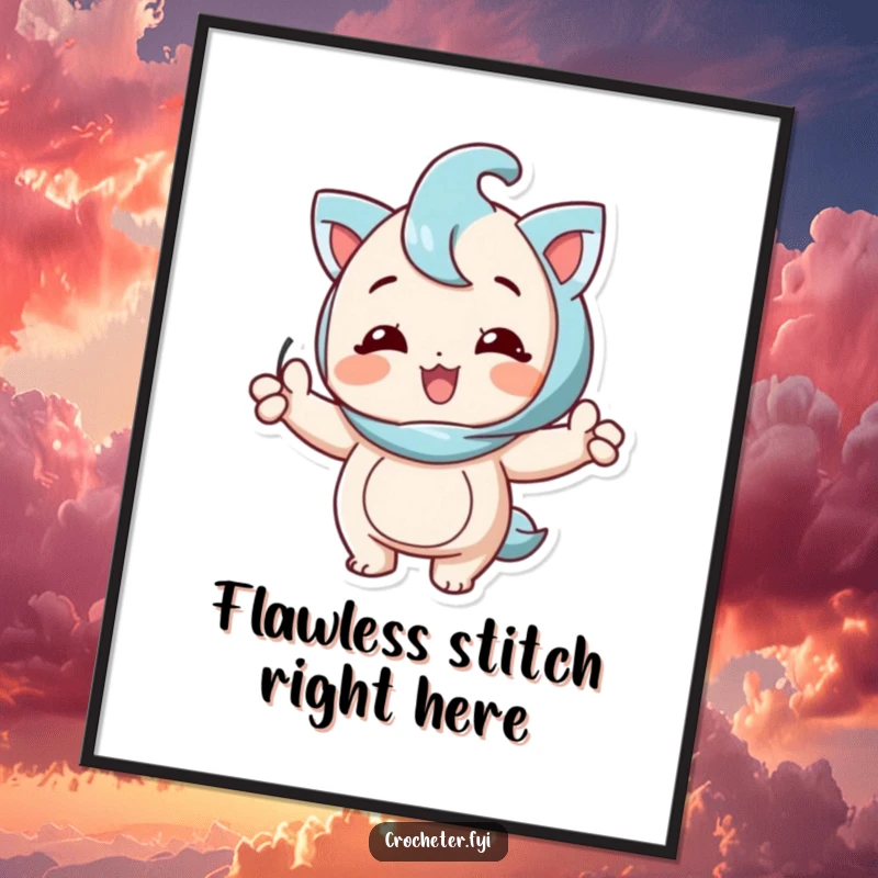 Funny digital art print of a happy character proudly exhibiting a flawless knitting stitch, perfect for cheerful decor.