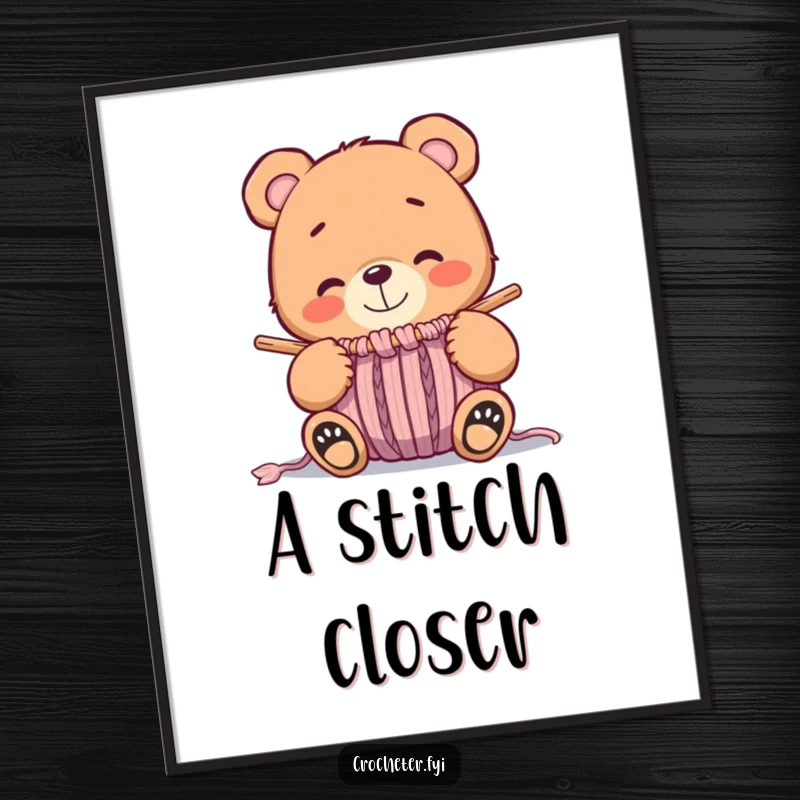 Funny whimsical bear smiling contentedly at a nearly finished knitted item, a high-resolution digital art print for cozy decor.