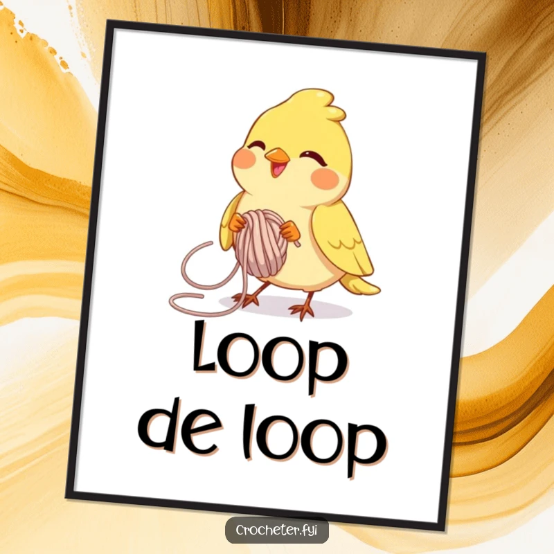 Funny joyful bird skillfully looping yarn with intense focus, a high-resolution digital art print for creative decor.
