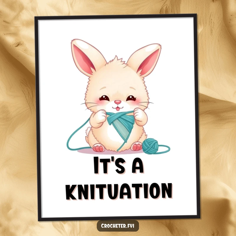 Funny bunny knitting digital art print showing a fluffy rabbit hilariously struggling to knit one very long thread.