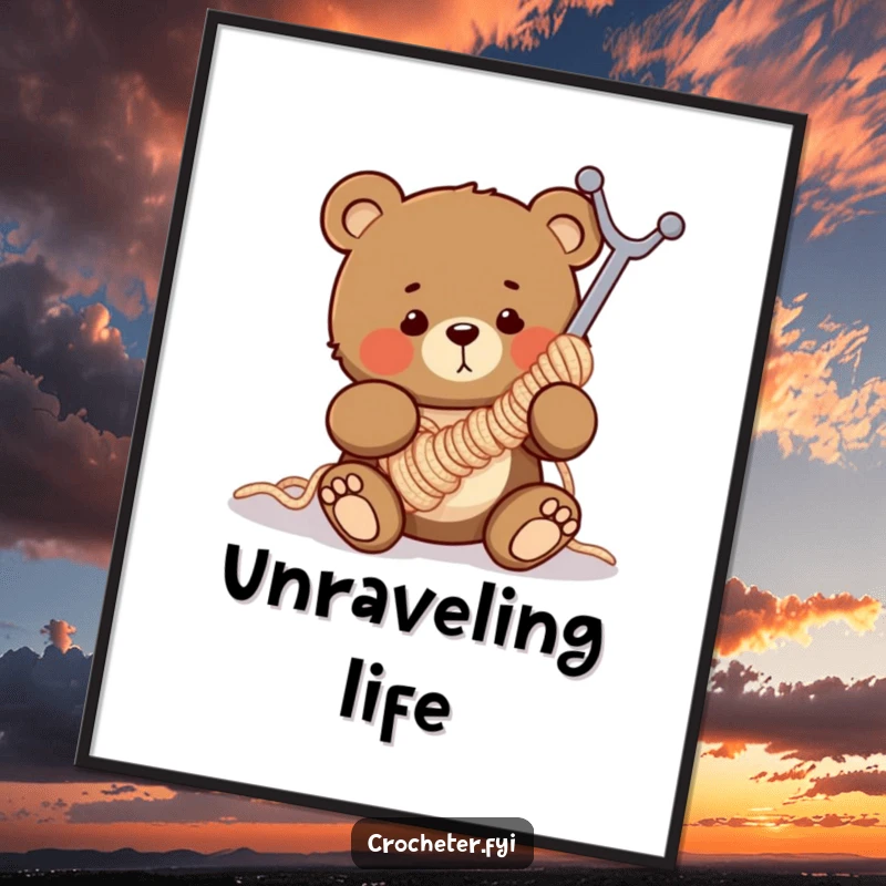 Funny digital art print of a clumsy bear humorously tangled in a giant crochet hook, perfect for instant humorous decor.