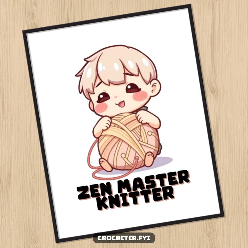 Funny digital art print of a contented character happily winding yarn into a neat ball, a serene and downloadable piece for crafters.