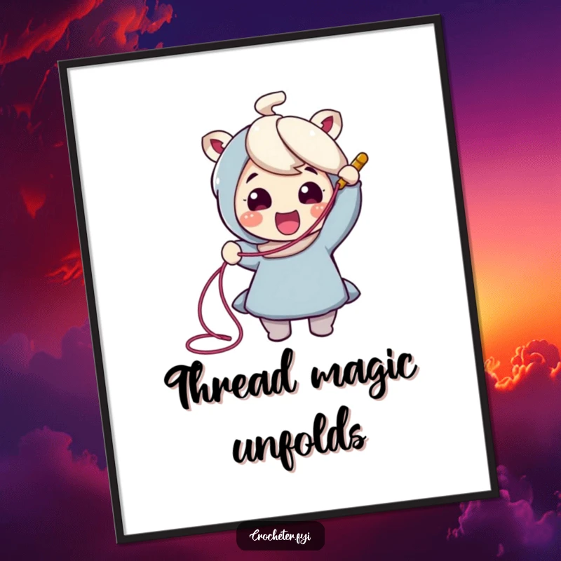 Funny Crochet Digital Art: Cheerful character enthusiastically pulls a long thread from a crochet hook, a delightful piece of digital craft art.