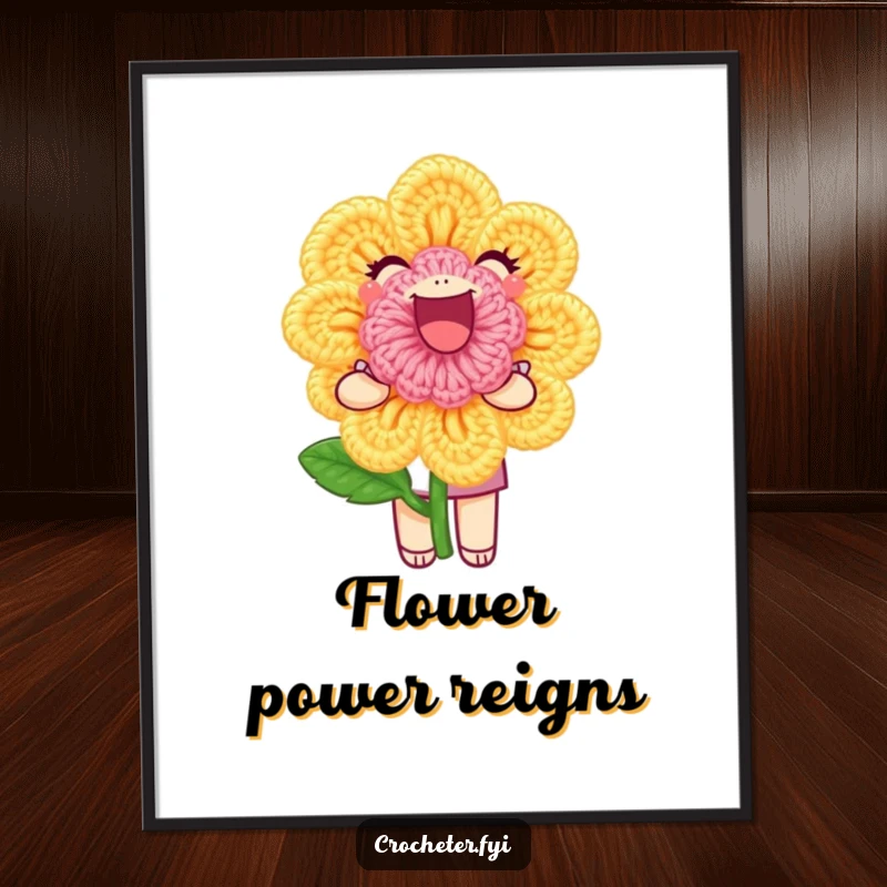 Funny Digital Art: A joyful character proudly shows off a perfect crochet flower, offering instant handmade charm.