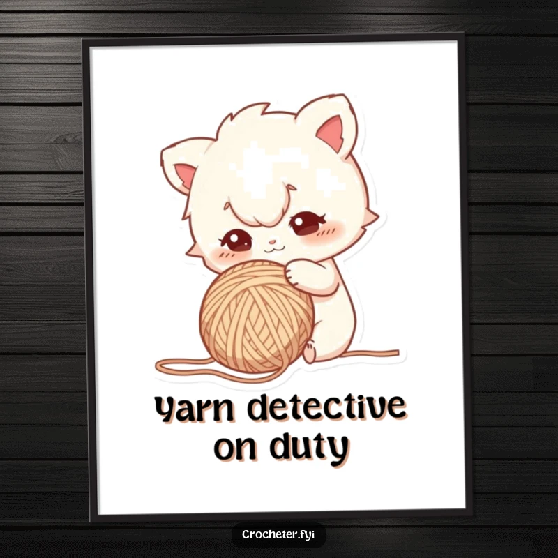 Funny digital art print of a curious character poking a yarn ball with a focused gaze, a humorous and downloadable piece for enthusiasts.