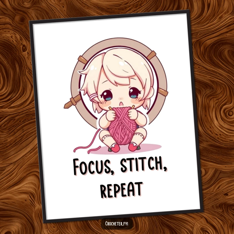 Funny digital art print of a focused character carefully weaving yarn through a needle's eye, highlighting knitting precision.