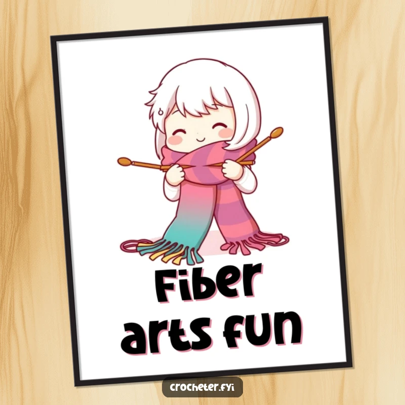 Funny digital art print of a cute, smiling character knitting a long, colorful scarf with large needles, ideal for crafty decor.