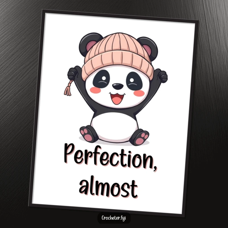 Funny panda digital art print, showing a panda cheering with a handmade, slightly imperfect knitted hat, ready to print.