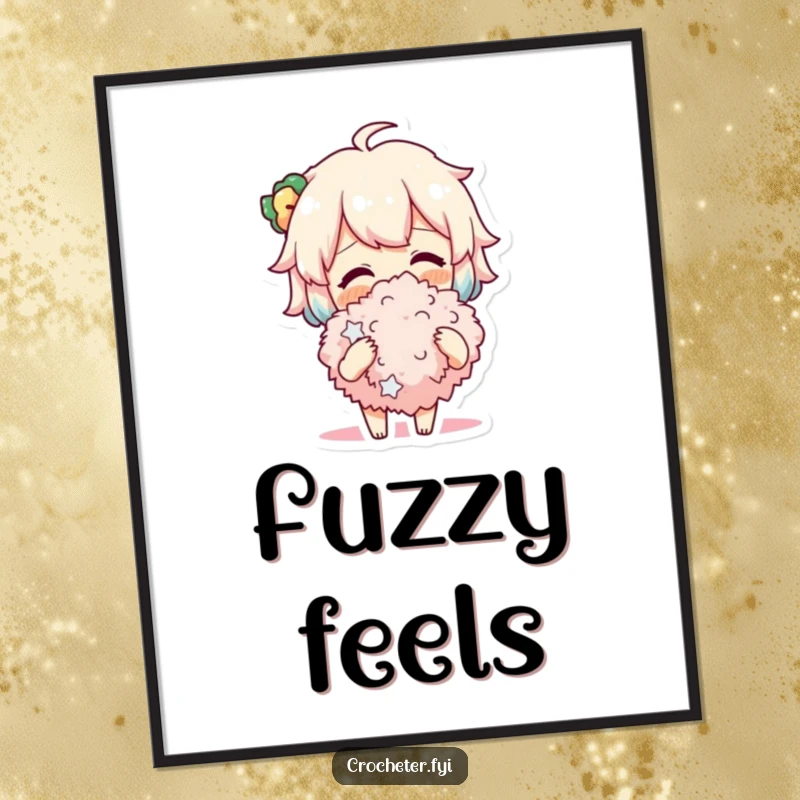 Funny Digital Art Print of a cheerful character beaming while admiring a perfectly round, fluffy pompom, a celebration of crafting delight.