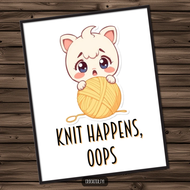 Funny digital art print of a surprised character dropping yarn, wide eyes conveying alarm, for instant humorous decor.