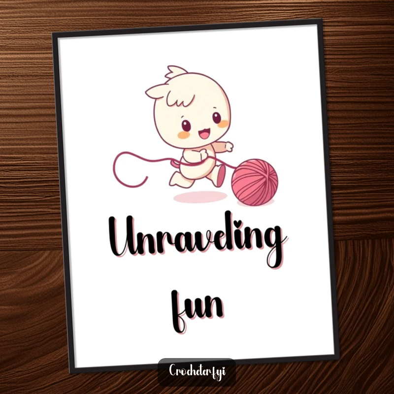 Funny digital art print of a character playfully chasing a ball of yarn, bringing instant fun and whimsical charm to any space.