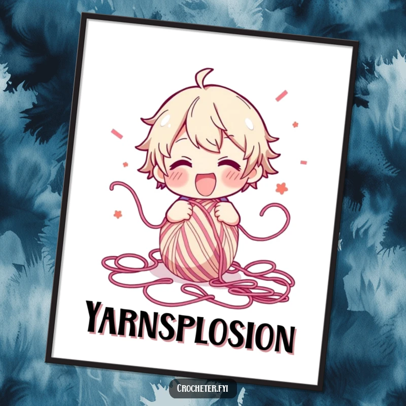 Funny Digital Art Print of a character with wide, excited eyes, gleefully unraveling a ball of yarn, sending strands flying in a dynamic display.