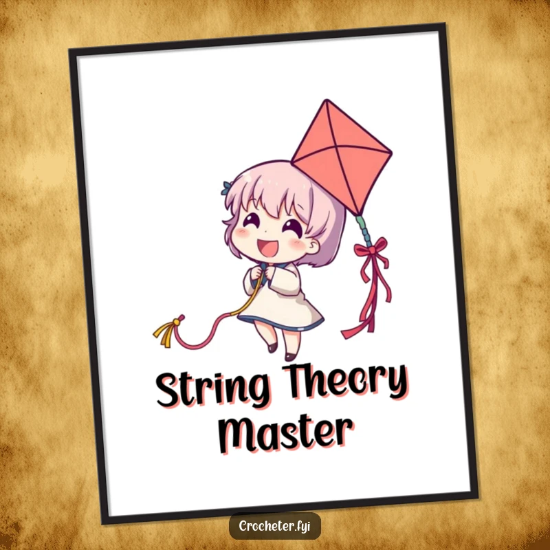 Funny digital art print of a delighted character flying a colorful yarn strand like a kite, offering playful decor.