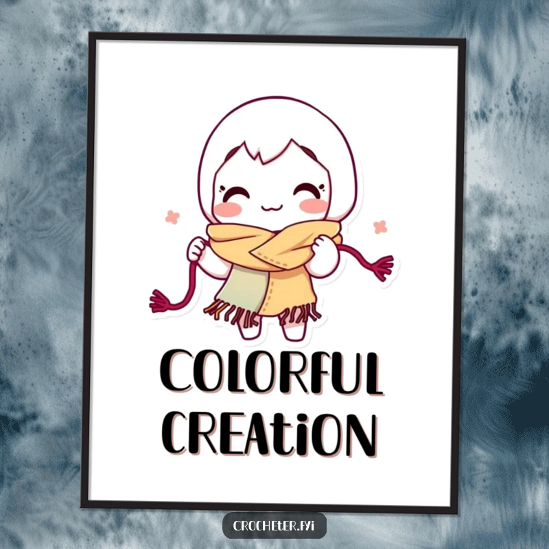 Funny yarn looping digital art print, a smiling character energetically crafting a colorful scarf from yarn loops.