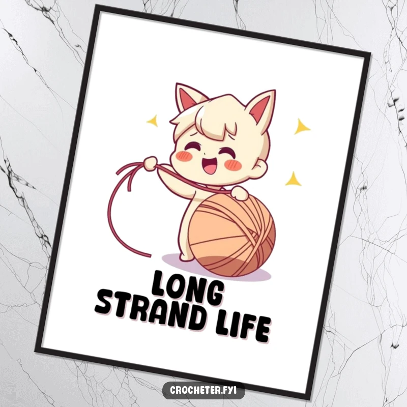 Funny digital art print of a cheerful character enthusiastically pulling a long strand of yarn from a ball, perfect for craft rooms.