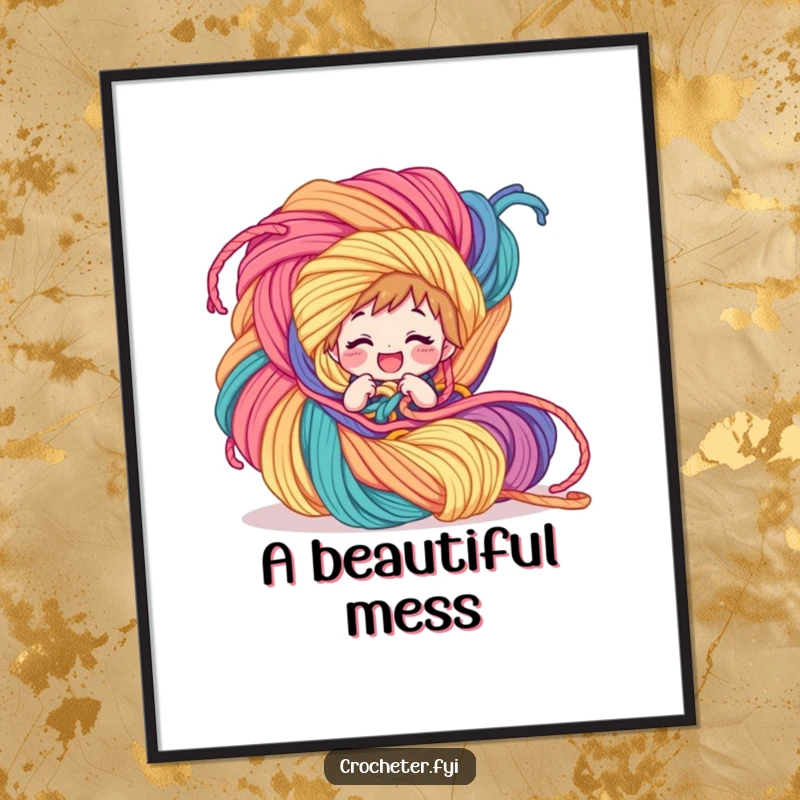 Funny Digital Art: A giggling character is joyfully entangled in an enormous, colorful yarn creation, offering instant whimsical decor.