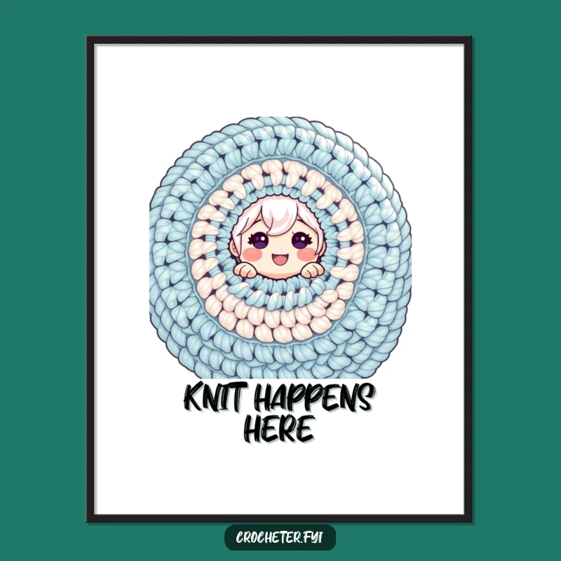 Funny Crochet Digital Art - Cheerful Character Behind Giant Yarn Project, Instant Decor Gift