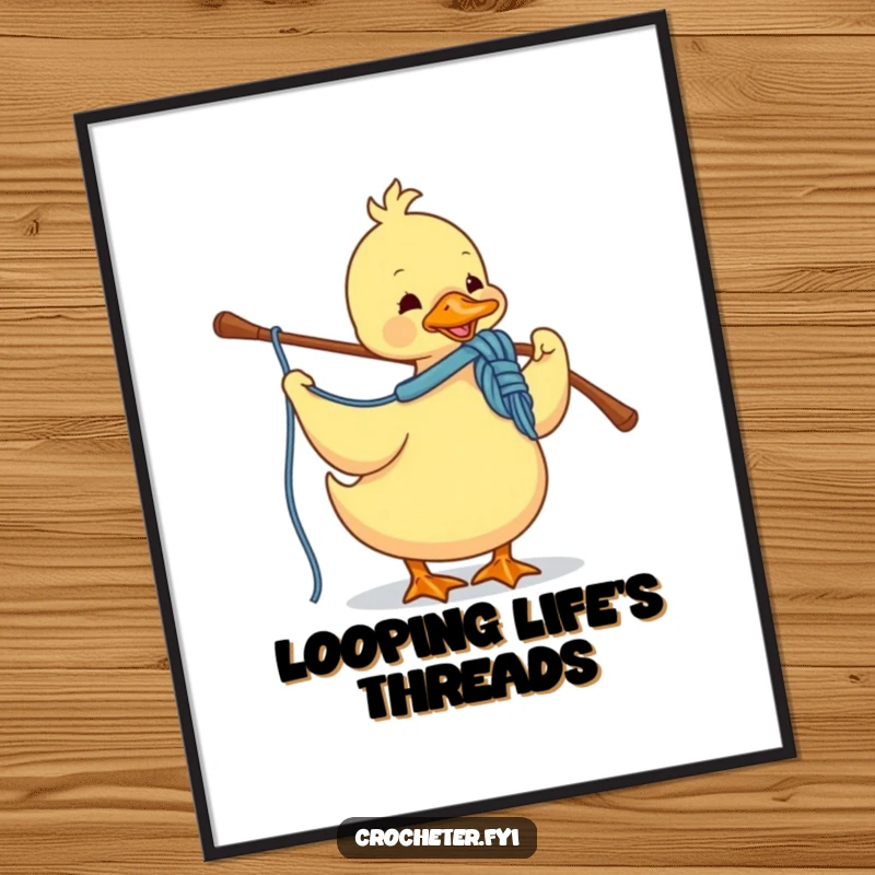 Funny digital art print of a duck enthusiastically crocheting with yarn and a hook, bringing cheerful crafting vibes.