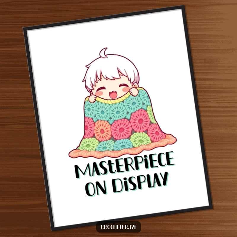 Funny digital art print of a content character admiring a crocheted blanket, bringing instant warmth and celebrating the joy of crafting.