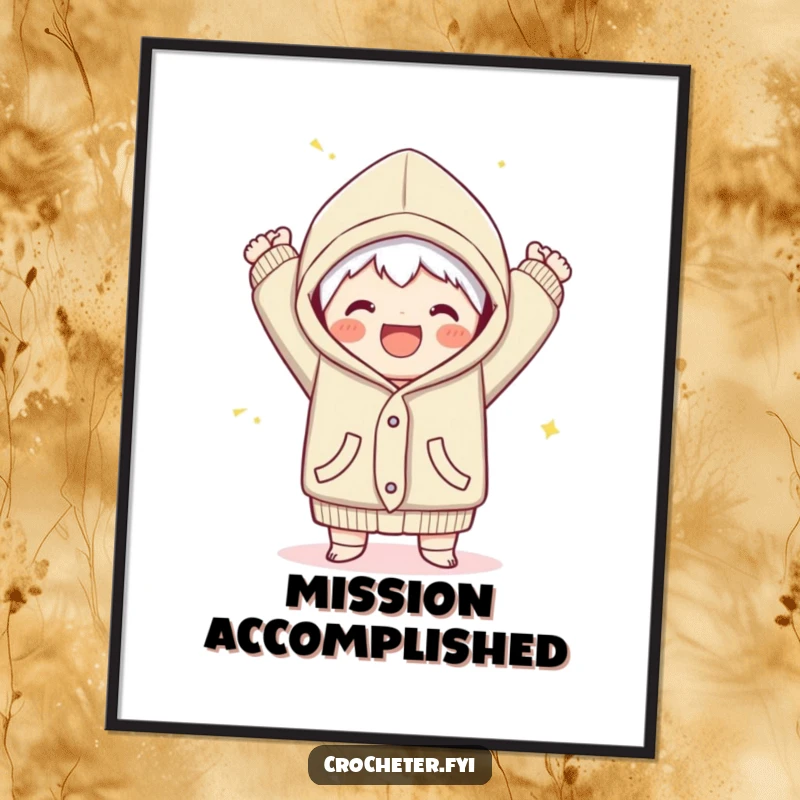 Funny digital art print of a joyful character finishing a cozy garment with a flourish, a celebratory and downloadable piece for crafters.