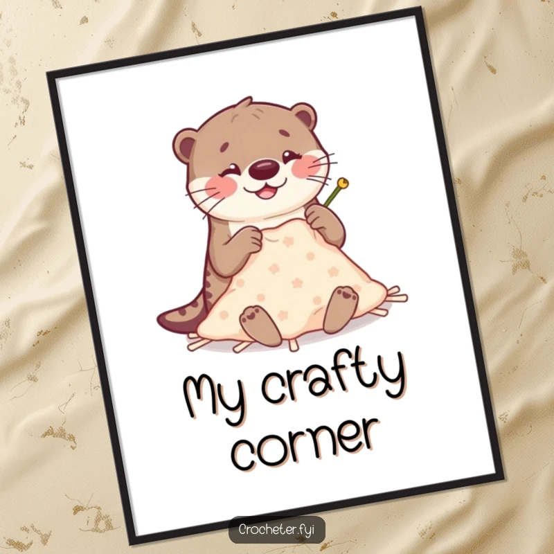 Funny Otter Stitching Digital Art Print: Happy otter humorously crafts with large, clumsy needles, a printable funny gift.